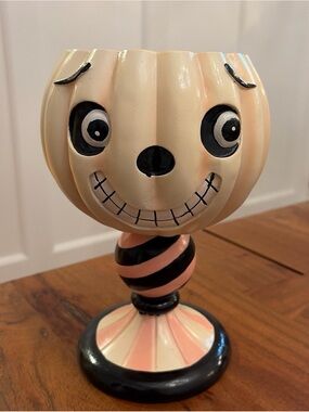 Toil & Trouble Pink Pumpkin Candy Bowl Whimsical Pastel Halloween Pedestal Rare